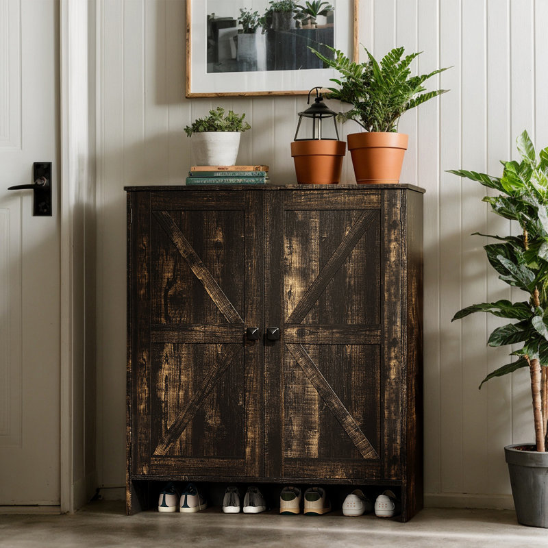 Meuble à chaussures 2 portes avec porte de grange et poignée carrée noire 31,6 po