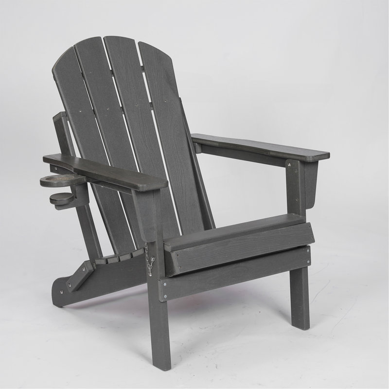 HDPE Folding Adirondack Chair With Dual Cup Holder - Composite Adirondack Chair With Wood Texture- ,Gray, Gray