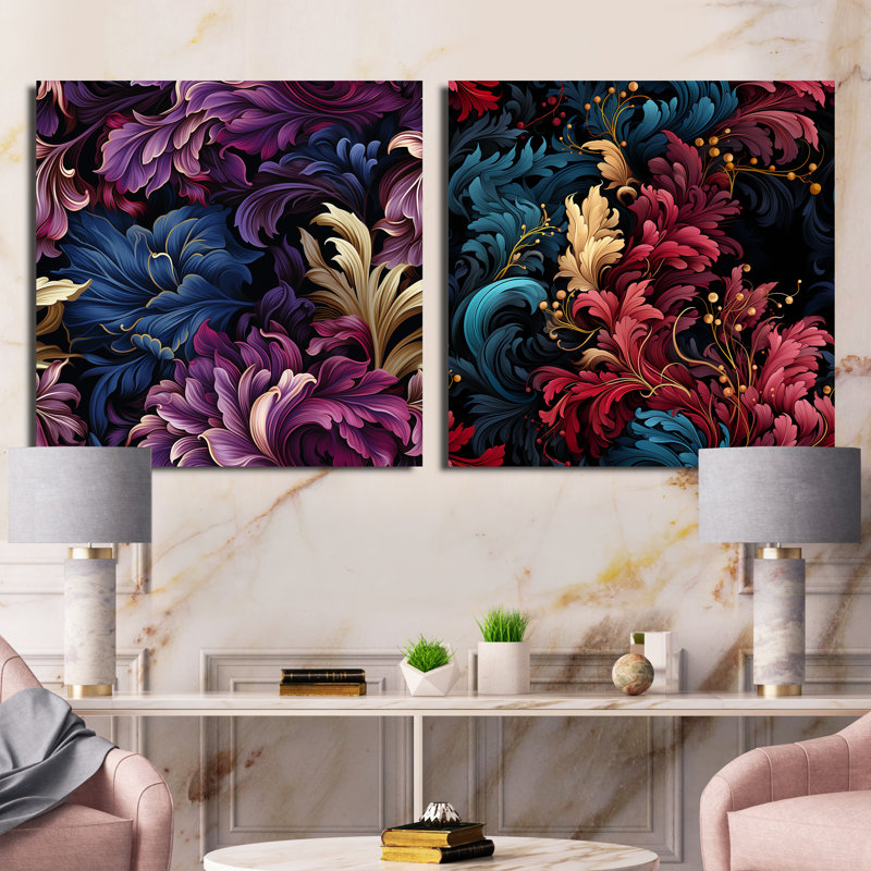 Leandre - Ensemble de 2 collages floraux et botaniques carrés, Toile tendue, H 36 po x l 73 po