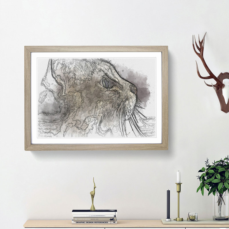 Curious Cat in Abstract - Picture Frame Graphic Art Print, Oak Framed, 27cm H x 36cm W x 2cm D