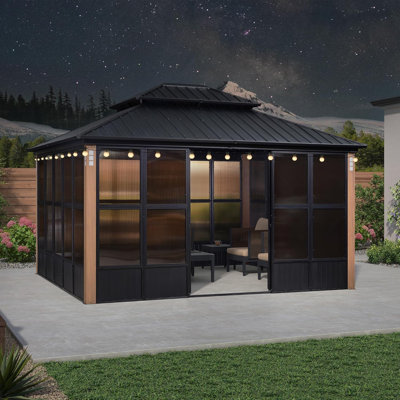 Pavillon de jardin mauve à toit rigide avec abri de jardin et toit en aluminium avec fenêtres amovibles et guirlande de 48 pi