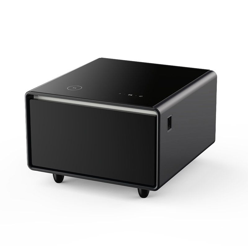 Black Modern Side Table With Built-In Refrigerator, Wireless Charging, And Outlet Protection - Luxury Feature Rectangular Smart Fridge, Temperature Control, Ports, Power Socket