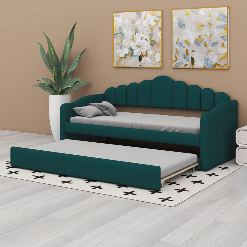 Lit de jour avec lit gigogne simple, cadre rembourré avec canapé-lit, ports de chargement USB, Vert