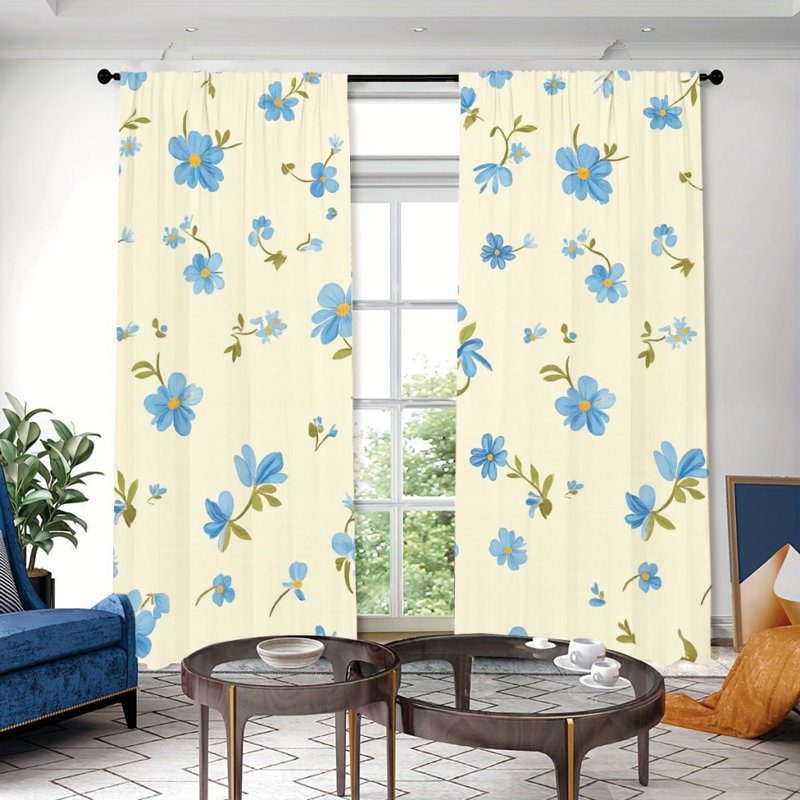 2 pièces de rideaux floraux bleus, fond jaune, rideaux de fenêtre avec passe-tringle, décoration de fenêtre de style romantique