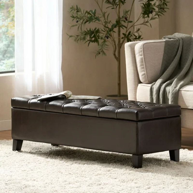 Banc repose-pieds avec rangement, surface en polyuréthane brun foncé, pieds en bois d'hévéa, capacité de 300 lb