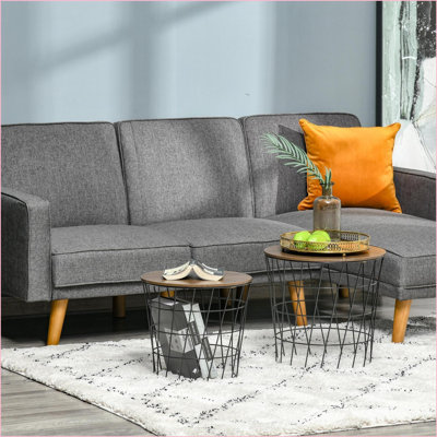 Space-Saving Nesting Coffee Table Set, Black/Brown Wood Grain Metal Wire, Easy-Clean for Living Room Bedroom