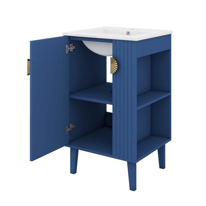 Meuble-lavabo autoportant de 20 po, armoire de salle de bain avec lavabo en céramique, porte à fermeture en douceur, rangement latéral, poignées chic en demi-lune