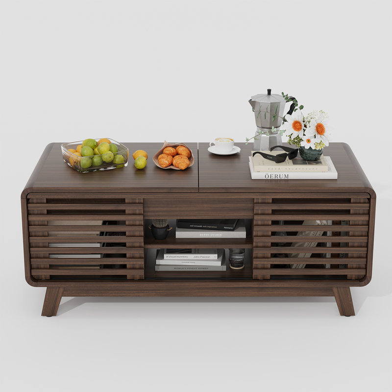 Wooden Mid-Century Coffee Table With Sliding Top, Storage, And Doors, Walnut Finish, 47 Inch | Gift Idea