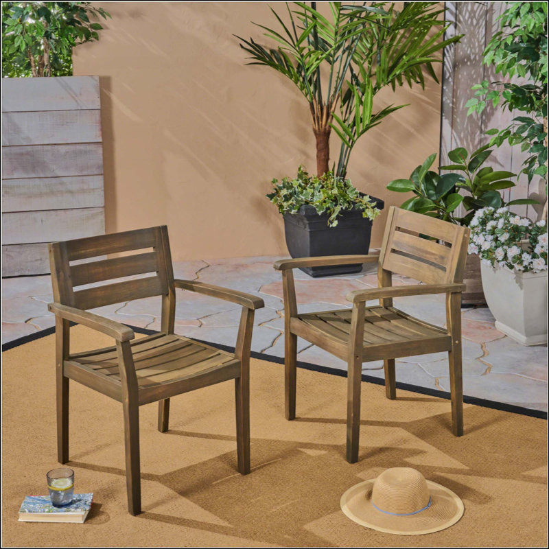 Ensemble de 2 chaises de salle à manger, fauteuil de patio en bois d'acacia, pour cour, bord de piscine, jardin, Brun