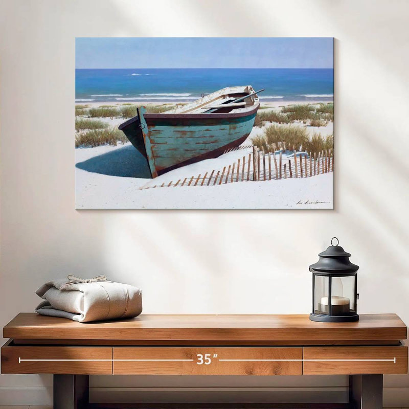 Mehar, bateau bleu sur la plage, H 16 po x l 24 po