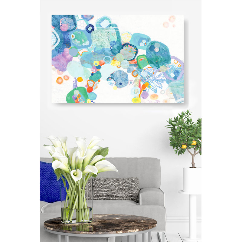 Cercles abstraits, collage, sur fond blanc, bleu, jaune, orange, indigo, rose, H 24 po x l 36 po x P 1,5 po