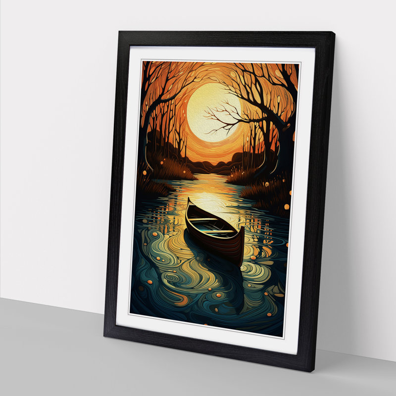 Boat on a Lake Art Nouveau - Framed Print, 64cm H x 46cm W x 2cm D, Black