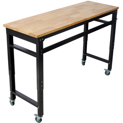 Établi - Établis roulants de 60 po de large pour le garage - Hauteur réglable, banc d'atelier, plateau en métal avec plateau en bois d'hévéa, pied martelé noir