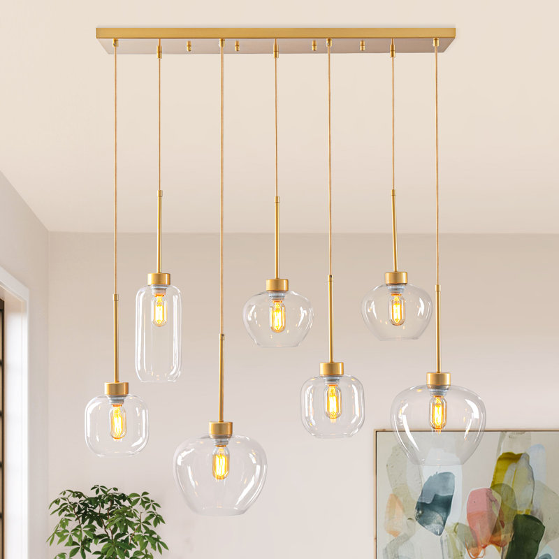 Luminaire suspendu en verre 7 lumières pour îlot de cuisine et grappe, Doré