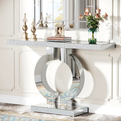 Console à miroir moderne de 43 po avec base en forme de O, table d'entrée en verre argenté pour le salon, le couloir ou le vestibule - Table d'appoint contemporaine avec placage de diamant en acrylique