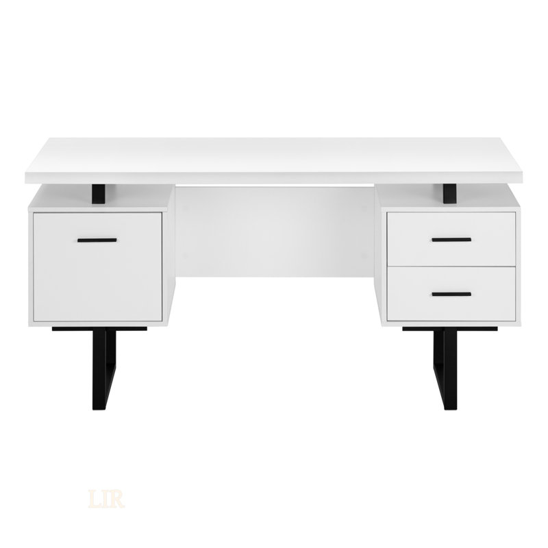 Contemporary 60 Inch Computer Desk With Storage Drawers And Reversible Setup For Home Office, White Laminate And Black Metal