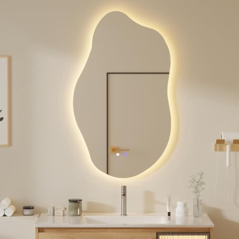 Miroir à DEL à forme de nuage, miroir de coiffeuse unique de forme irrégulière, miroir mural sans cadre pour salle de bain, salon, chambre à coucher, entrée