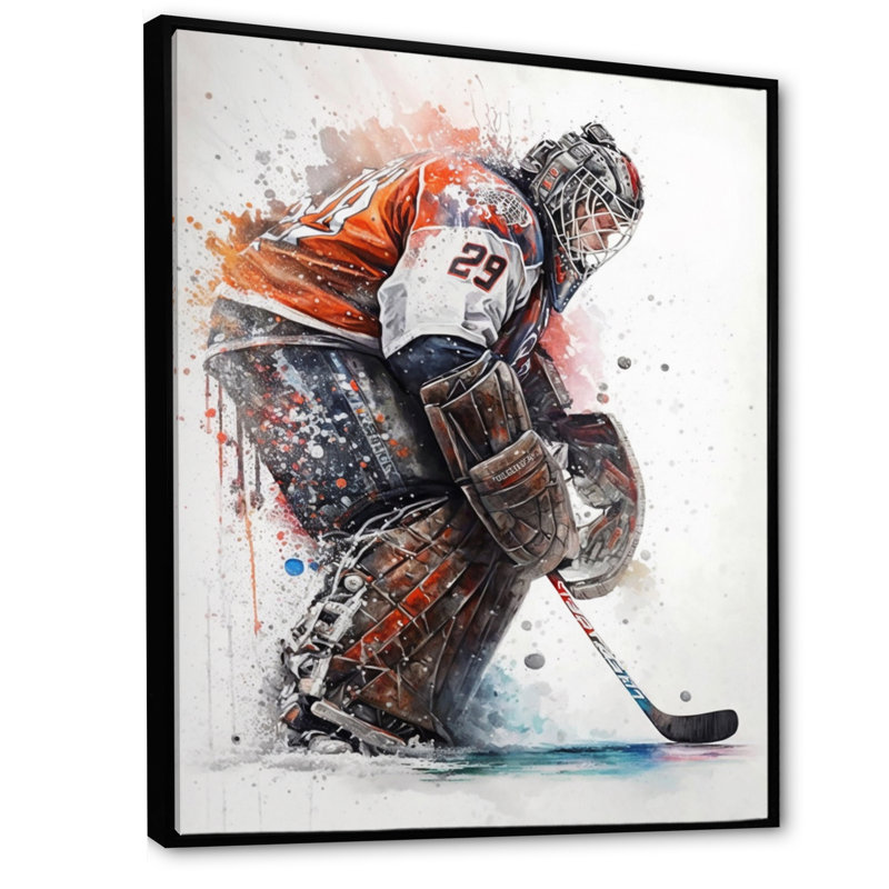 Gardien de but pendant le match de hockey IV - Impression sur toile, H 32 po x l 24 po x P 1 po, Cadre flottant noir