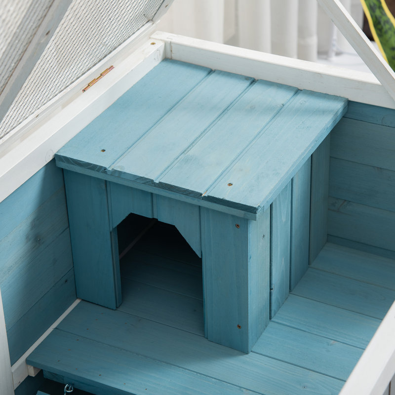 Light Blue Wooden Guinea Pig Cage with Ramp and Wheels
