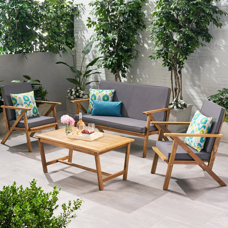 Ensemble de loisirs extérieurs 4 pièces - Fabrication en bois, tissu aquatique, 2 chaises club et table basse incluses, pour la collection de conversation dans la cour avec tissu imperméable résistant aux intempéries
