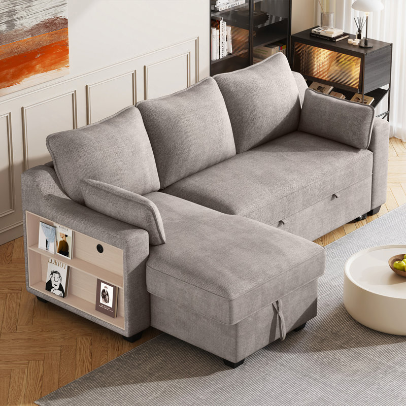 Canapé modulaire, canapé-lit escamotable en L de 90 po avec méridienne, rangement et supports USB, Marron clair