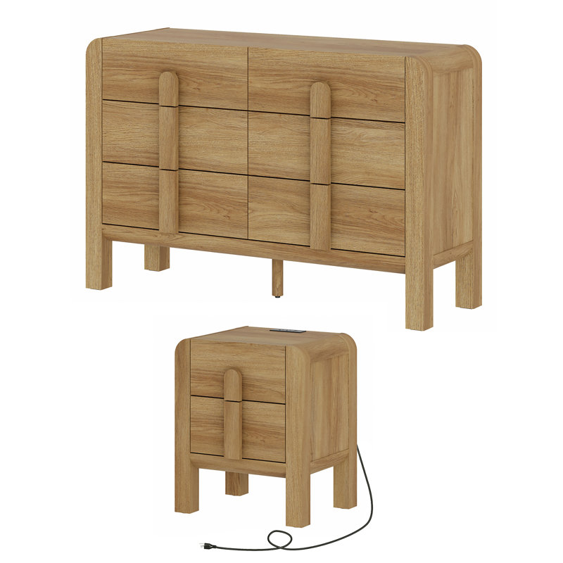 Ensemble de commode et table de chevet 6 tiroirs pour la chambre à coucher, ensemble de chambre à coucher 2 pièces, commode double à profil incurvé, commode en bois Mid-Century