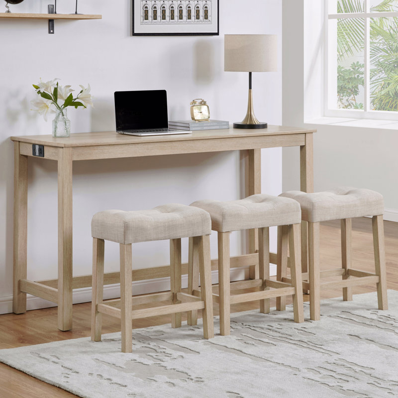 Ensemble de salle à manger de bar 4 pièces: table et 3 tabourets rembourrés, prise de courant, chêne clair