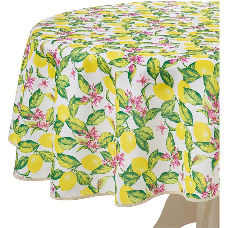 Red Barrel Studio®, motif floral citron européen, tissu imprimé en polyester, jaune, rond de 60 pouces, peut accueillir 4 à 6 personnes, nappes
