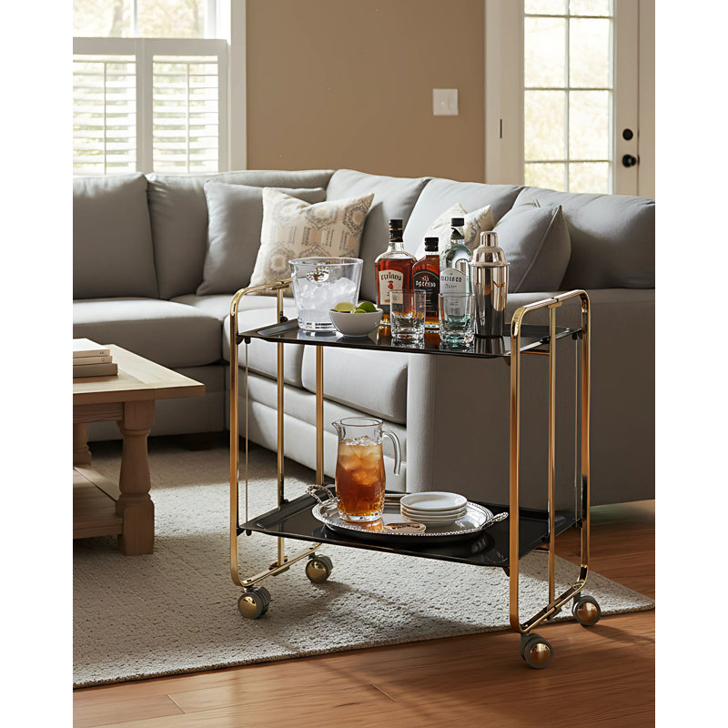  Chariot de cuisine et de bar pliable à 2 niveaux sur roulettes - Cadre plaqué or, tablettes noires, Noir