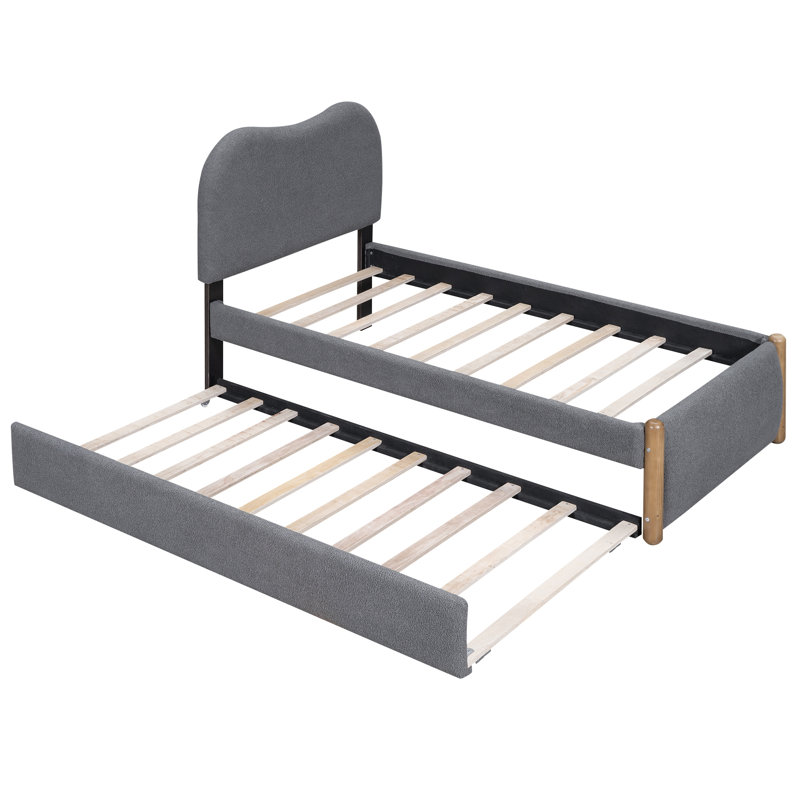 Lit plateforme tapissier avec pieds de support en bois et lit gigogne simple, Lit simple, Gris