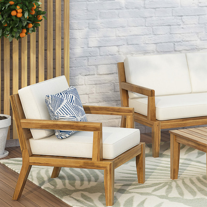 Fauteuil club d'extérieur en bois d'acacia avec coussin épais imperméable pour sièges profonds