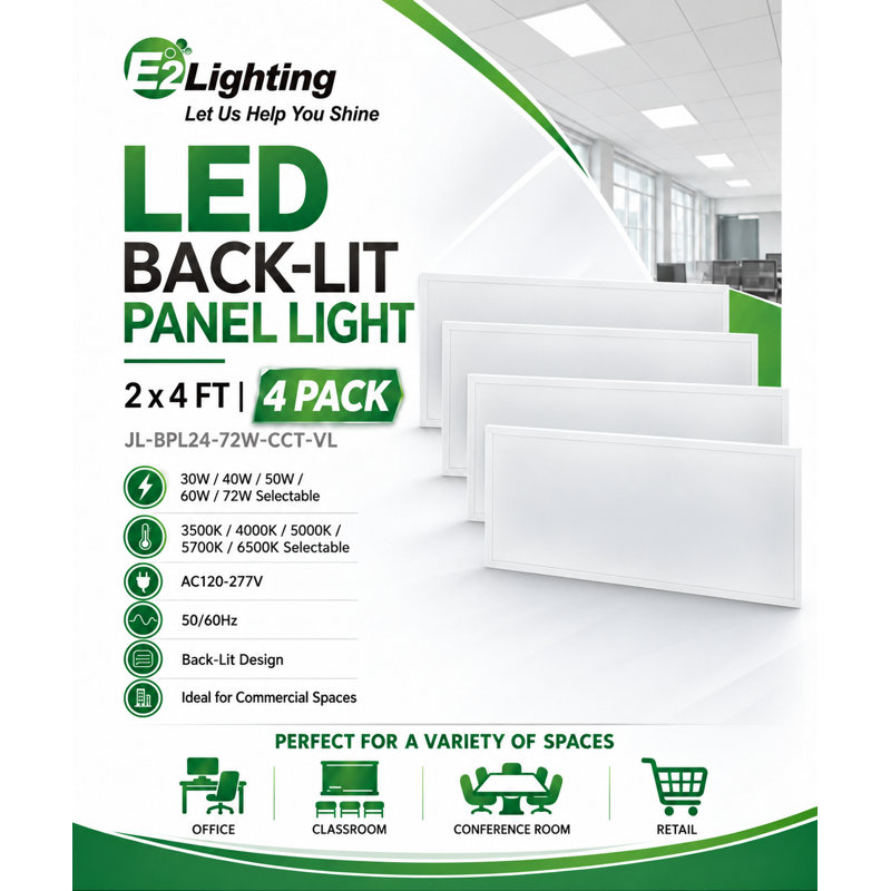 Panneau lumineux DEL rétroéclairé E2 Lighting 2x4 avec 5 puissances réglables, 5 températures de couleur sélectionnables, éclairage de plafond commercial, ensemble de 4