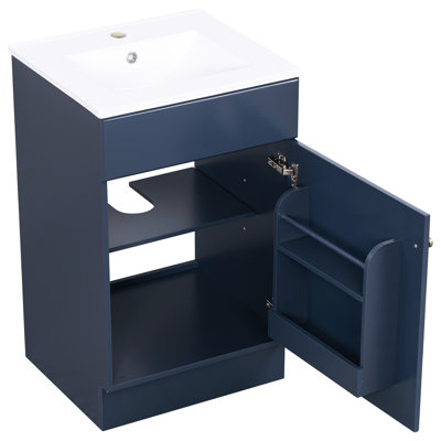 Meuble-lavabo bleu de 20 po avec évier en céramique, cadre, charnières rouillées, conception à débordement et espaces de rangement flexibles
