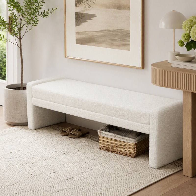 Banc rembourré 66,9 po moderne avec accoudoirs surdimensionnés pour lit d'entrée, Ivory