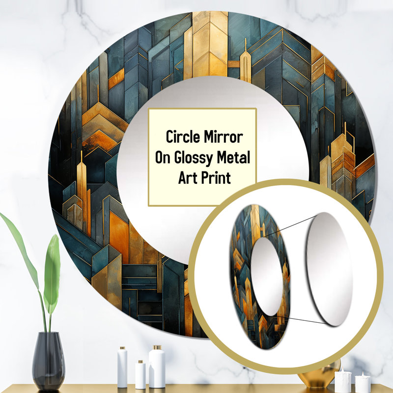 Sarujan Black And Gold Geometrics Arches - Abstract Shapes Unique Mirror, Modern Large Round Wall Mirror, Printed Metal Art