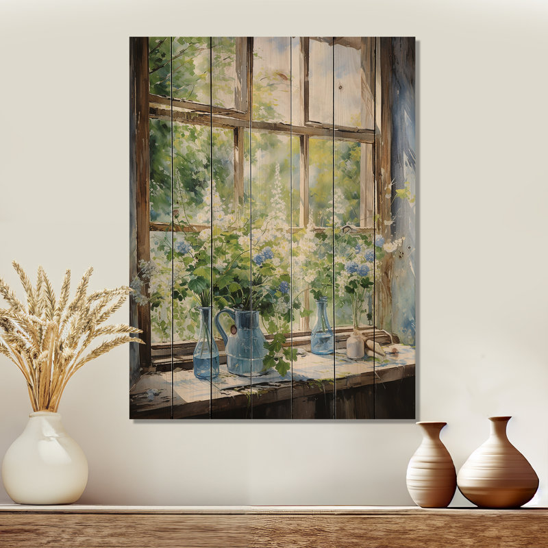 Green And Blue Countryside Window Charm III - Farmhouse Windows  On Wood Print, 20" H x 10" W