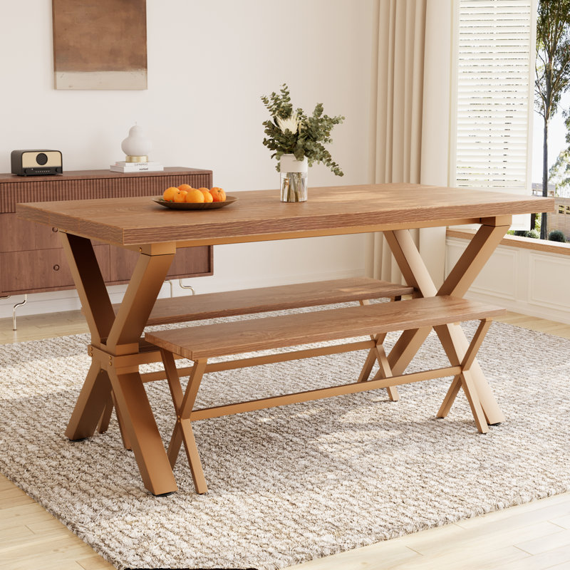 Ensemble de table de salle à manger Kristofer, table de salle à manger rectangulaire avec banc (table, 2 bancs), Crème