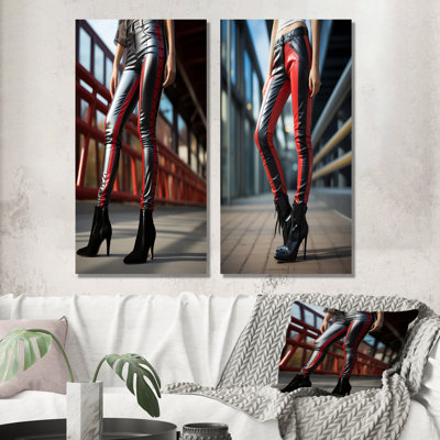 Sensual Black Leather Pants Woman - Woman Metal Prints Set Of 2