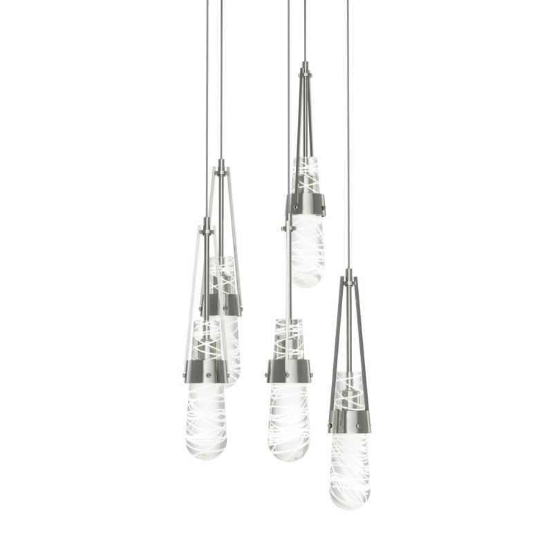 Luminaire suspendu 5 lumières Link, Long: 19 po à 130 po, Verre transparent avec filetage blanc, Argenté