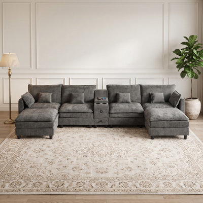 Canapé modulaire modulaire en L avec méridienne réversible, port de charge USB, tiroir de rangement coulissant et console porte-gobelet rabattable - Canapé à coussin amovible pour le salon