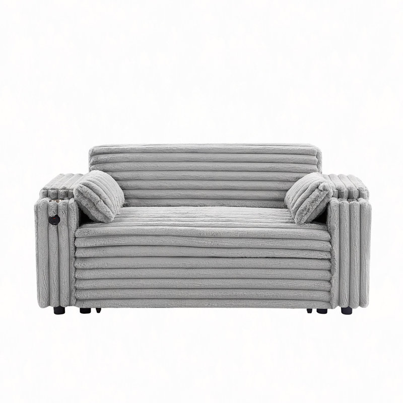 Corduroy Sofa Bed With Pull Out Bed, Light Gray