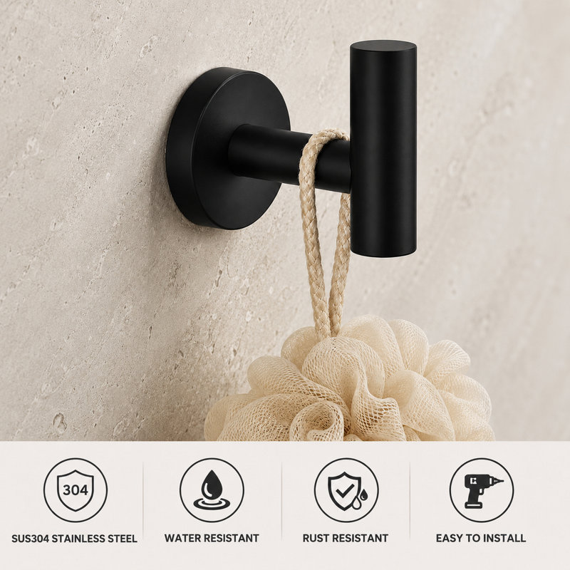 Wall Mounted Towel Hooks Bathroom Towel Hooks, Matte Black, 2