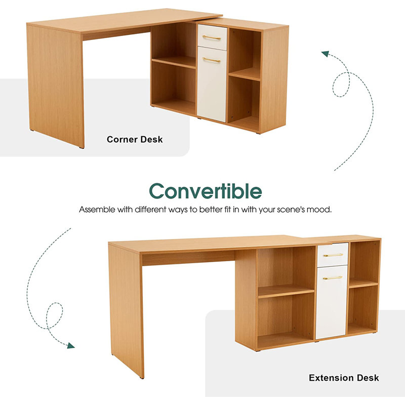 Eujin 53'' W L Shaped  Convertible Desk with Storage Drawer Printer Shelves and File Cabinet, Oak