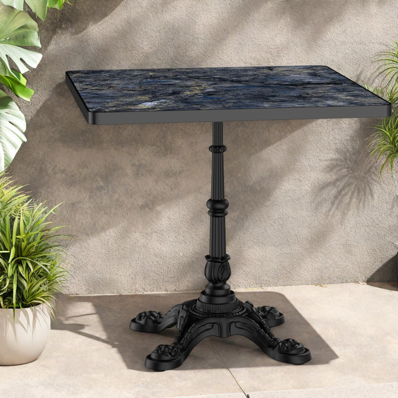 Tables de patio en pierre frittée de 31,5 po, piédestal en fer noir, aspect marbre moderne, salle à manger