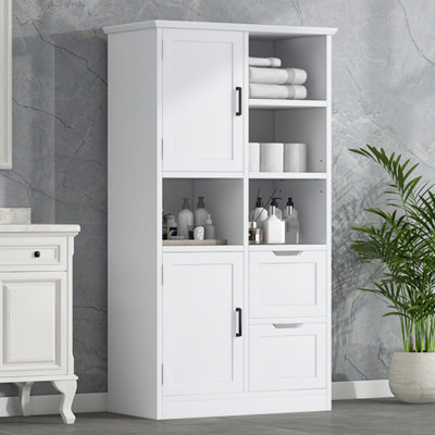 Armoire de rangement de salle de bain avec portes et tiroirs, plusieurs espaces de rangement, style autoportant, tablette ouverte, tablette réglable