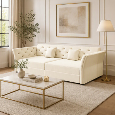 74.4" Queen Size Convertible Sleeper Sofa Bed, Handmade Floral Tufted Pull-Out Loveseat, Multi-Functional Plush Fabric Accent Sofa for Living Room and Bedroom