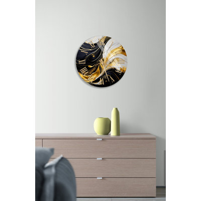 Abstract White, Black, and Gold Brushstrokes Tempered Glass Non-Ticking Wall Clock