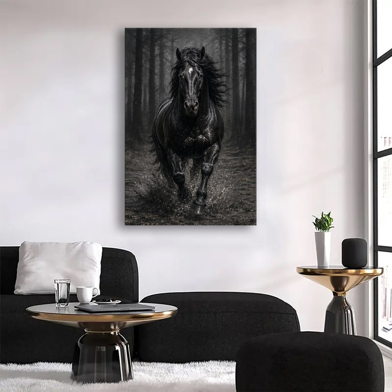 Magnifique étalon noir chargeant à travers une forêt boueuse sous une brume légère - Toile murale, 20x24in