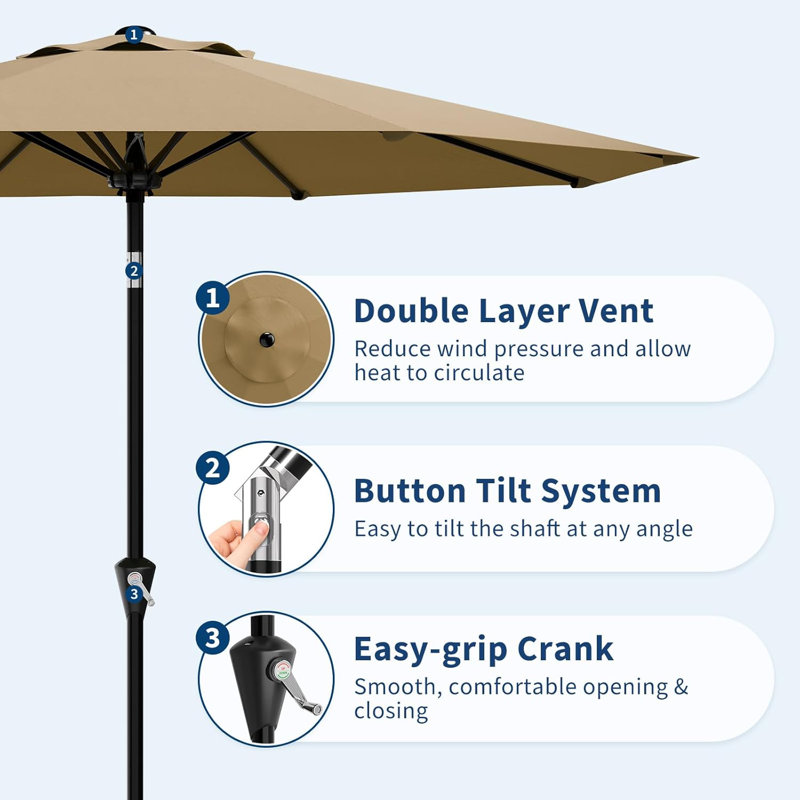 Parasol de patio 10 pi avec manivelle lisse, Brun, 118"W x 118"D