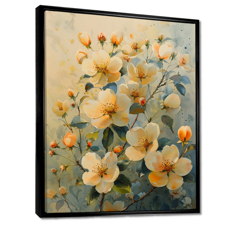  «Yellow Apple Blossom Spring Awakening II - Art mural de salon Apple Blossom, H 24 po x l 32 po, Cadre flottant noir